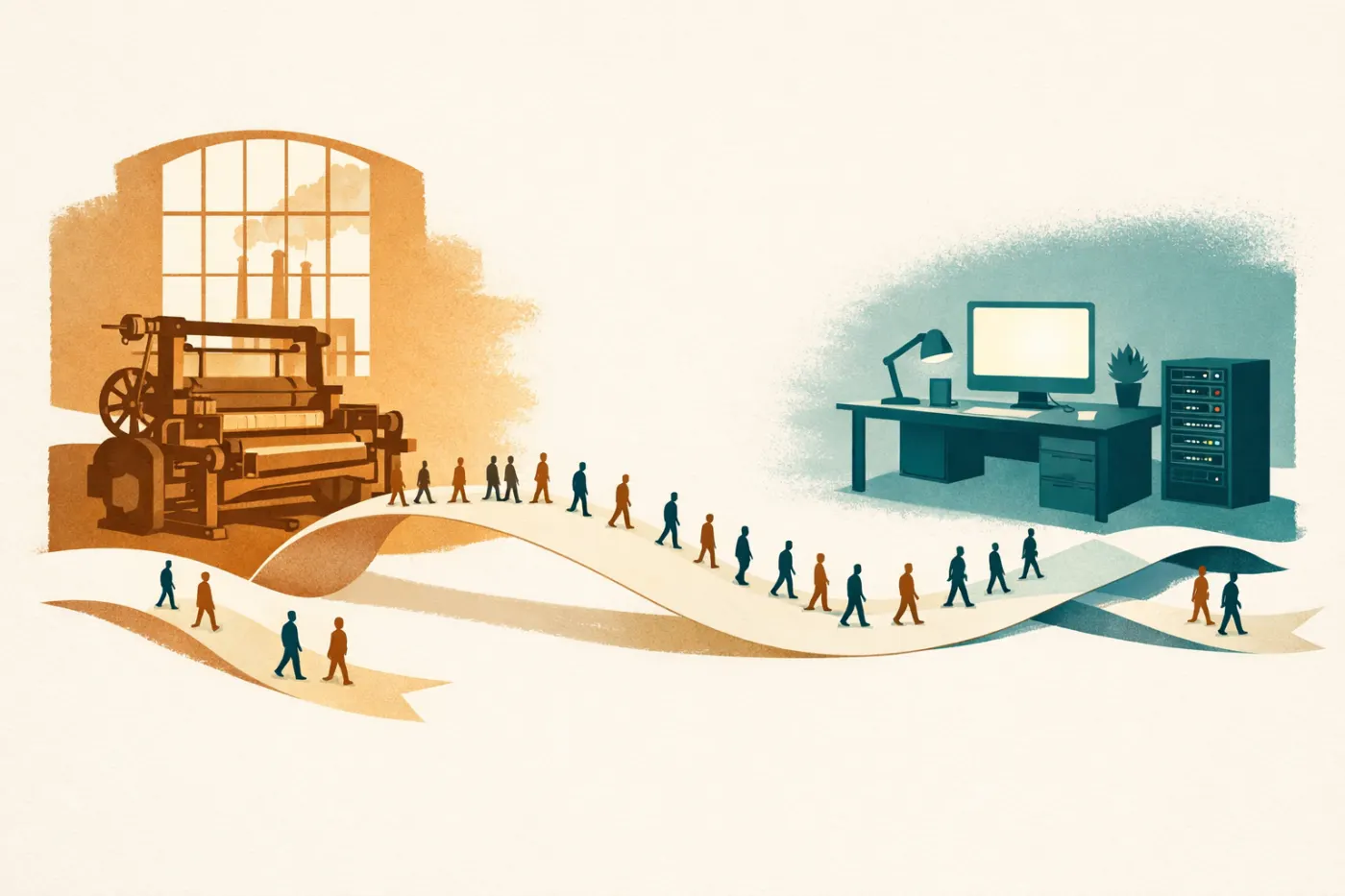 Illustration of a power loom on the left dissolving into an office desk and screen on the right, with a line of small figures walking between them