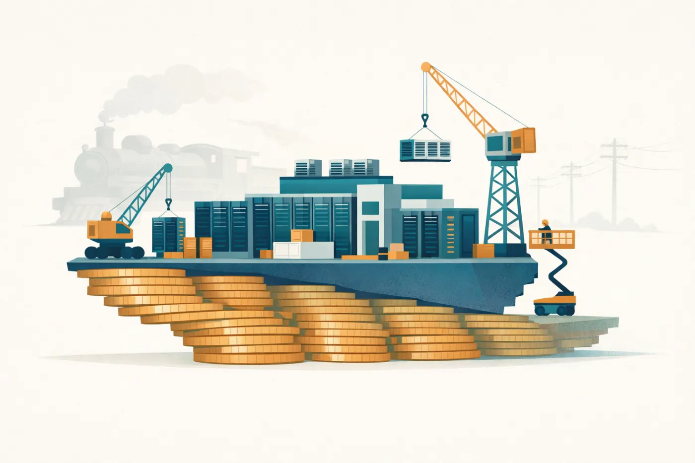 Illustration of a data centre being built on a foundation of coins that is thinning