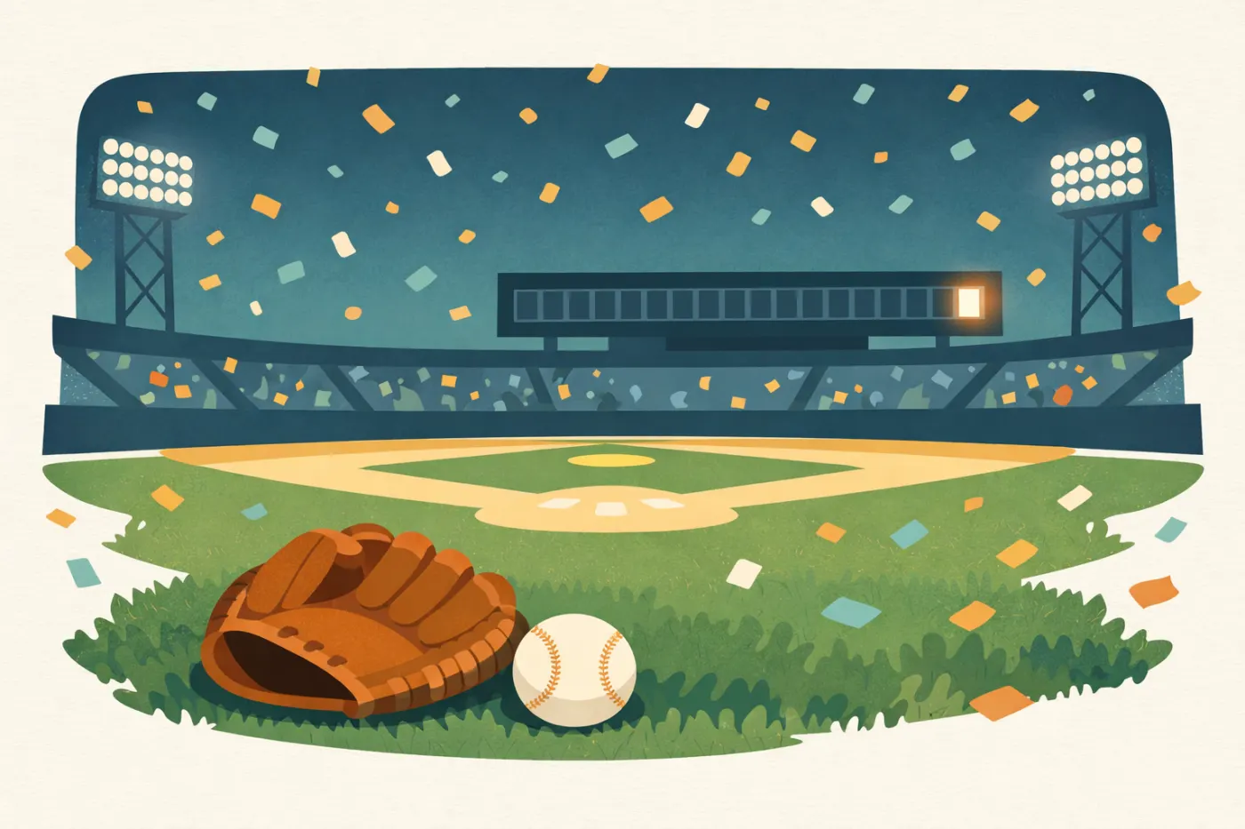 Illustration of a baseball stadium under confetti with a long row of empty years on a scoreboard finally filled