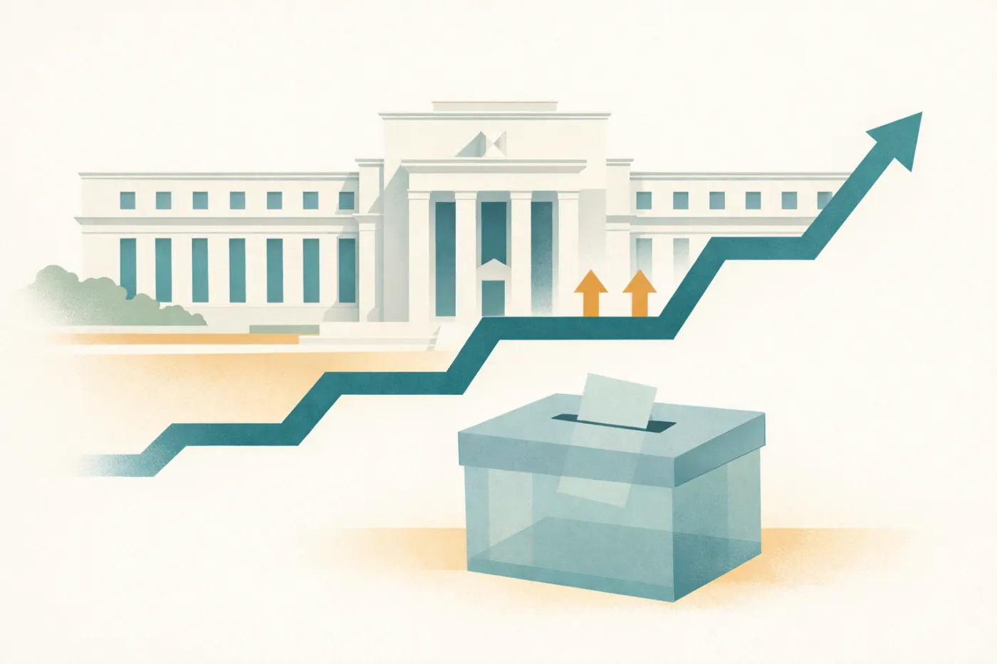 Illustration of the Federal Reserve building with a line chart tracing a pause before the next step