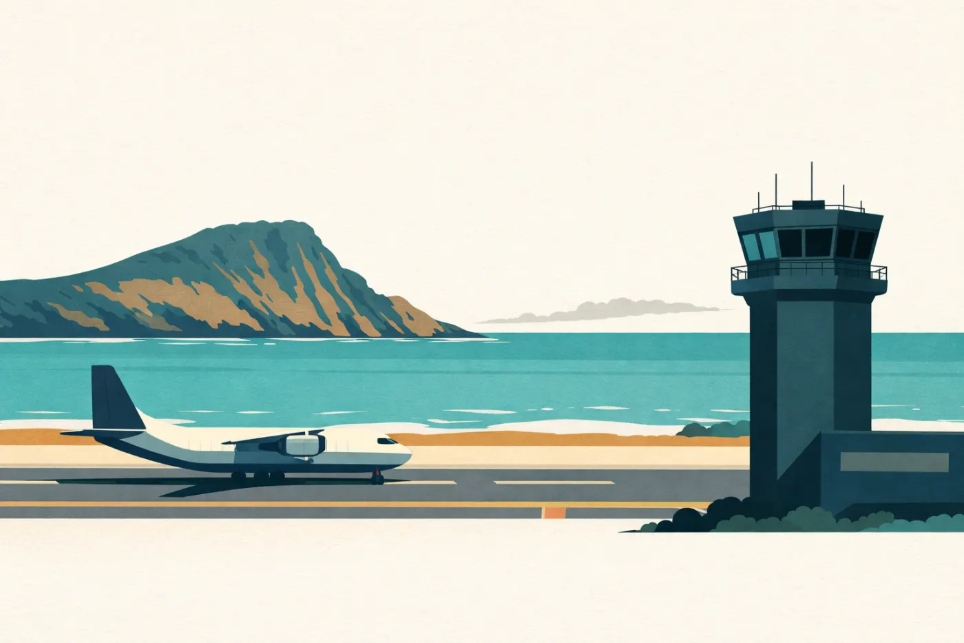 Illustration of an empty runway by the sea with a closed control tower and distant mountains