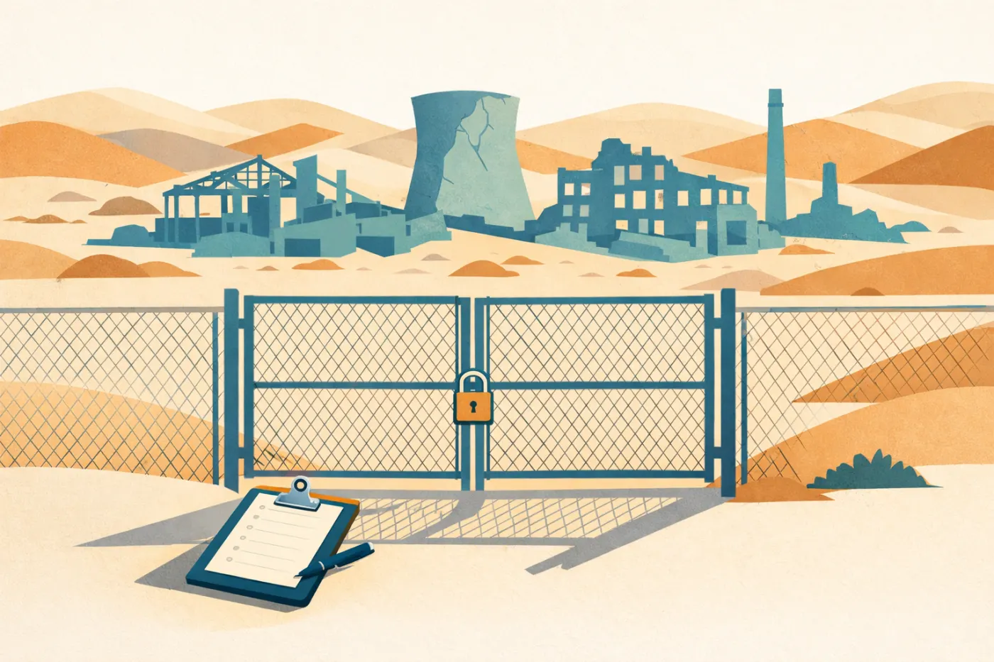 Illustration of a satellite view of quiet desert facilities with a closed gate and a question-shaped shadow