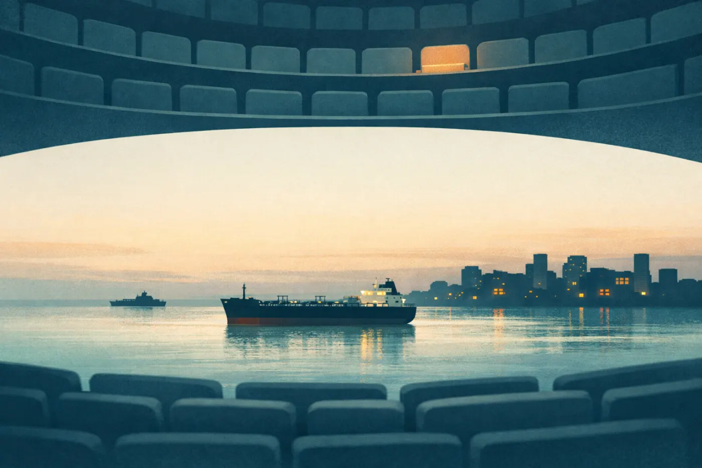 Illustration of an oil tanker kept offshore from a dimly lit coastal city, beneath the curved tiers of an assembly hall with one empty seat.